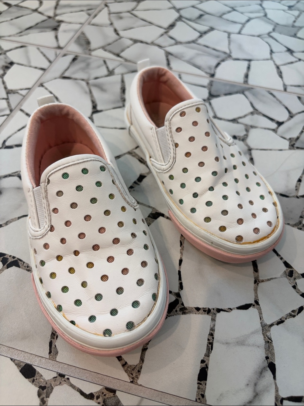 Old Navy White Slip-On Sneakers with Pink Trim and Multicolored Dots